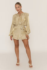 Gold Long Sleeve Tie Detail Ruffle Dress - Zeta