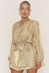 Gold Long Sleeve Tie Detail Ruffle Dress - Zeta