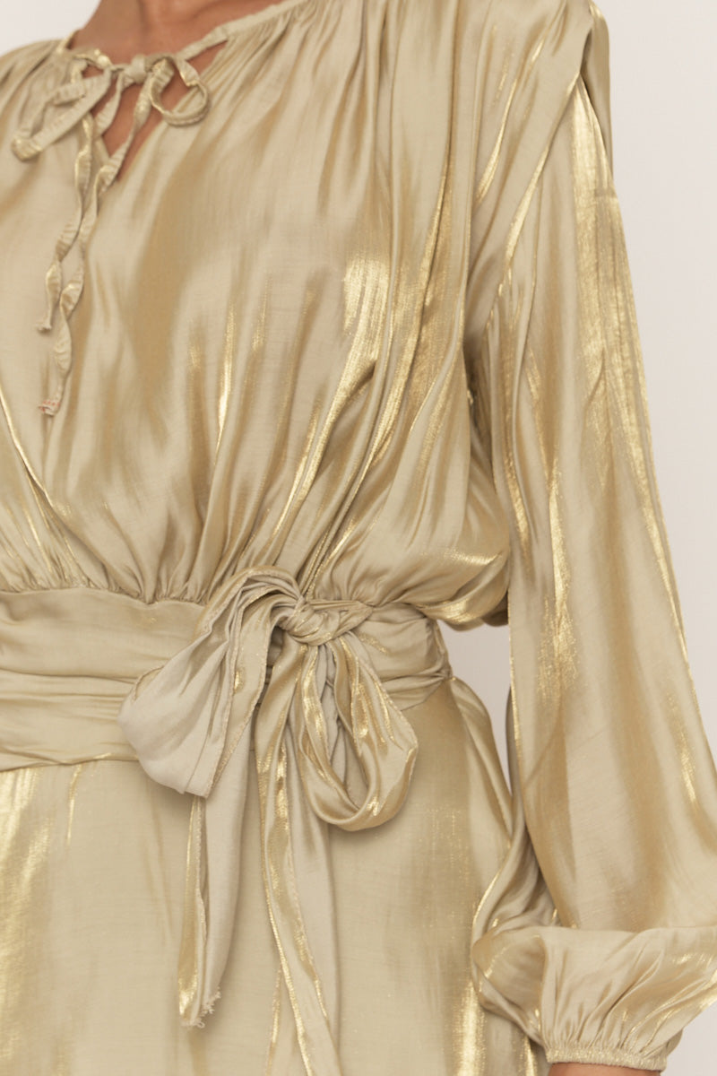 Gold Long Sleeve Tie Detail Ruffle Dress | Dresses | Rebellious Fashion Gold Long Sleeve Tie Detail Ruffle Dress | Dresses | Rebellious Fashion