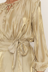 Gold Long Sleeve Tie Detail Ruffle Dress - Zeta
