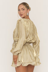Gold Long Sleeve Tie Detail Ruffle Dress - Zeta