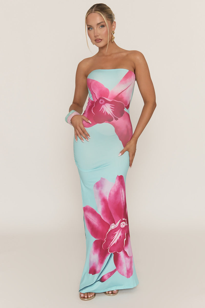 Blue Bandeau Floral Print Maxi Dress - Simina