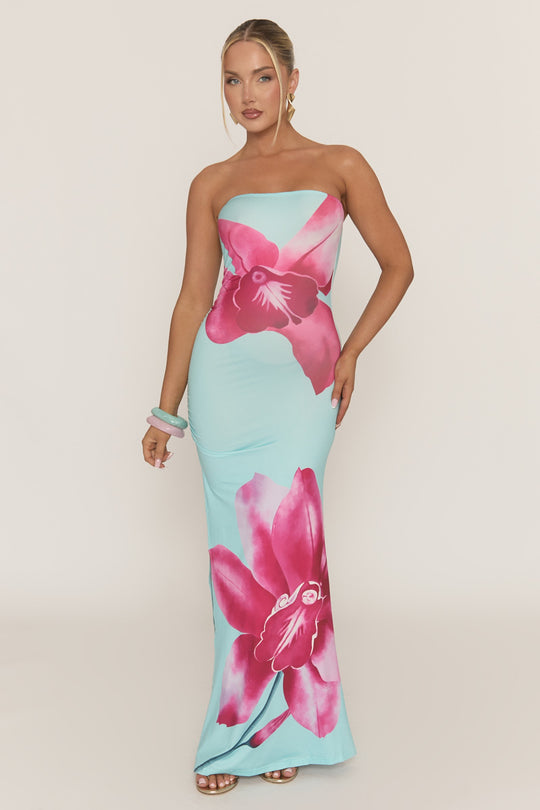Blue Bandeau Floral Print Maxi Dress - Simina