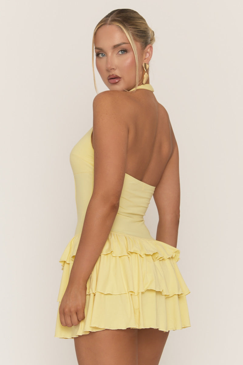 Yellow Corset Detail Tiered Frill Halter Mini Dress - Kiesha