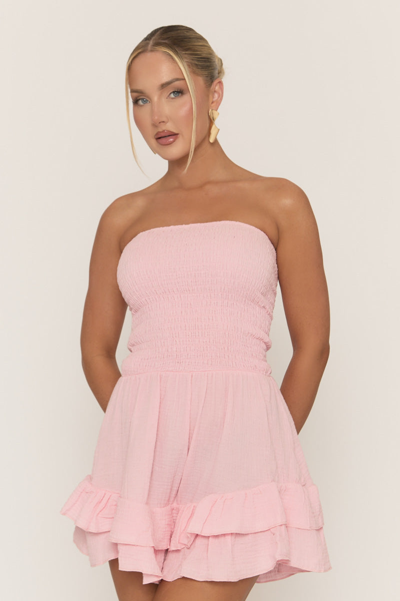Pink Shirred Textured Ruffle Playsuit - Annie