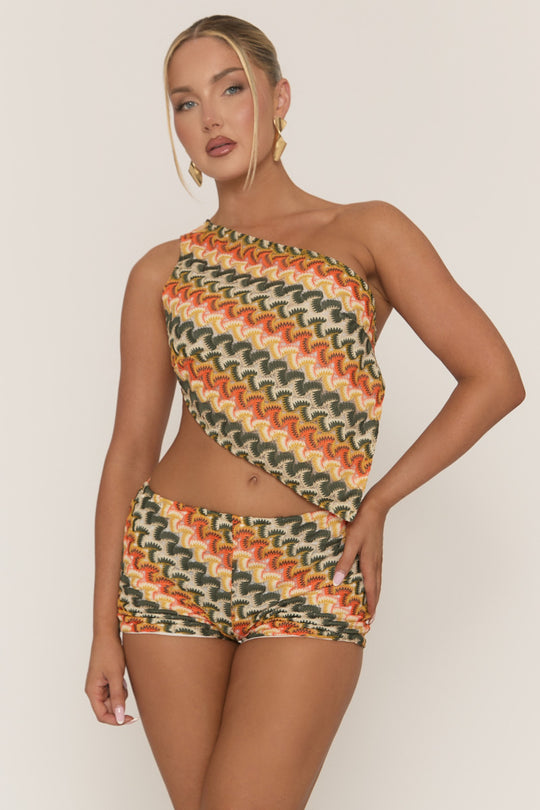 Multi Stripe Crochet Asymmetric Top and Shorts Co-ord Set - Karren