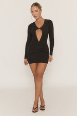 Black Cut Out Ruched Front Mini Dress - Venetia