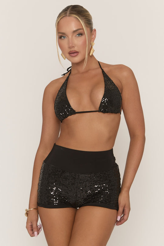 Black Sequin Bralet And Shorts Co-Ord Set - Roselea