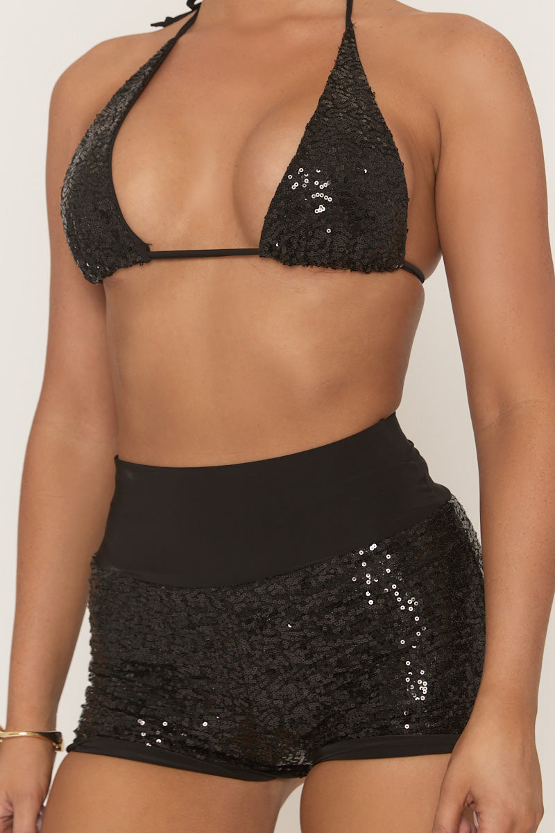 Black Sequin Bralet And Shorts Co-Ord Set - Roselea