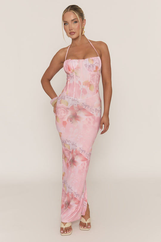 Pink Floral Print Corset Detail Maxi Dress - Marleena