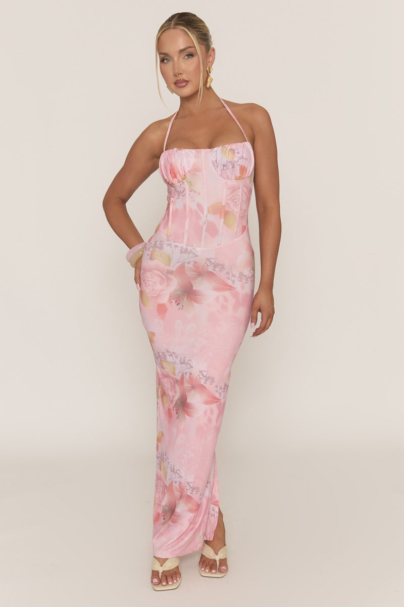 Pink Floral Print Corset Detail Maxi Dress - Marleena