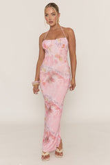 Pink Floral Print Corset Detail Maxi Dress - Marleena