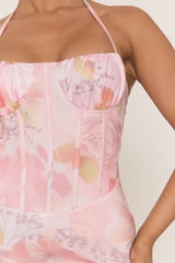 Pink Floral Print Corset Detail Maxi Dress - Marleena