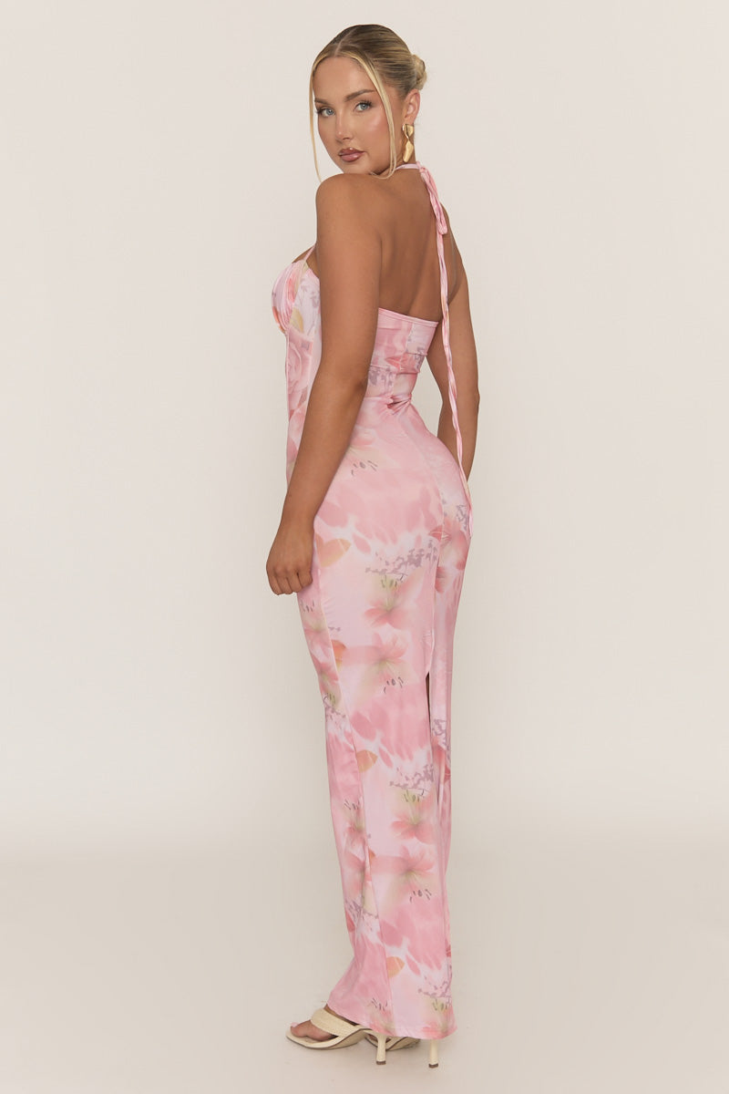 Pink Floral Print Corset Detail Maxi Dress - Marleena