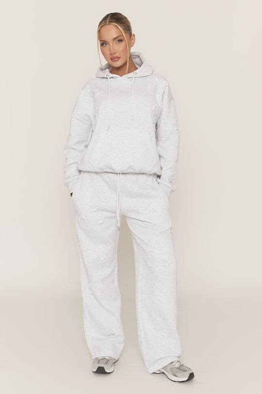 Grey Marl Cross Patch Detail Hoodie and Wide Leg Joggers Tracksuit Set - Ezmee