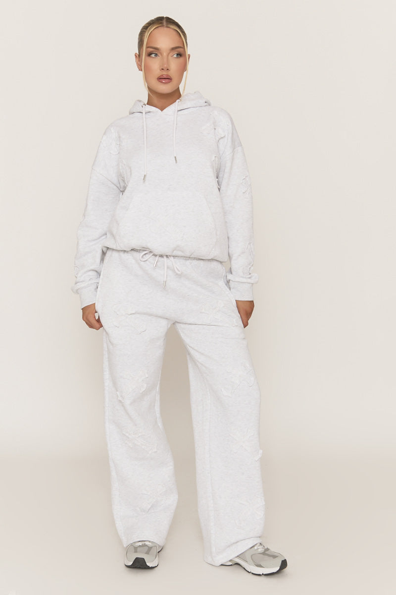 Grey Marl Cross Patch Detail Hoodie and Wide Leg Joggers Tracksuit Set - Ezmee