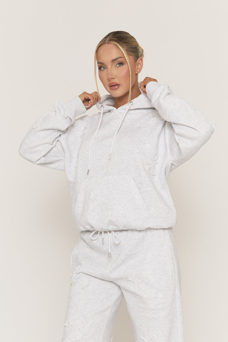 Grey Marl Cross Patch Detail Hoodie and Wide Leg Joggers Tracksuit Set - Ezmee