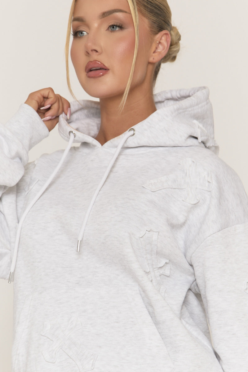 Grey Marl Cross Patch Detail Hoodie and Wide Leg Joggers Tracksuit Set - Ezmee