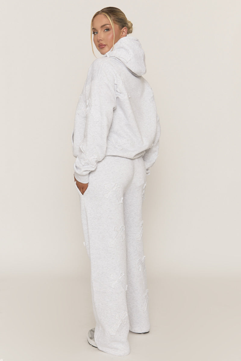 Grey Marl Cross Patch Detail Hoodie and Wide Leg Joggers Tracksuit Set - Ezmee
