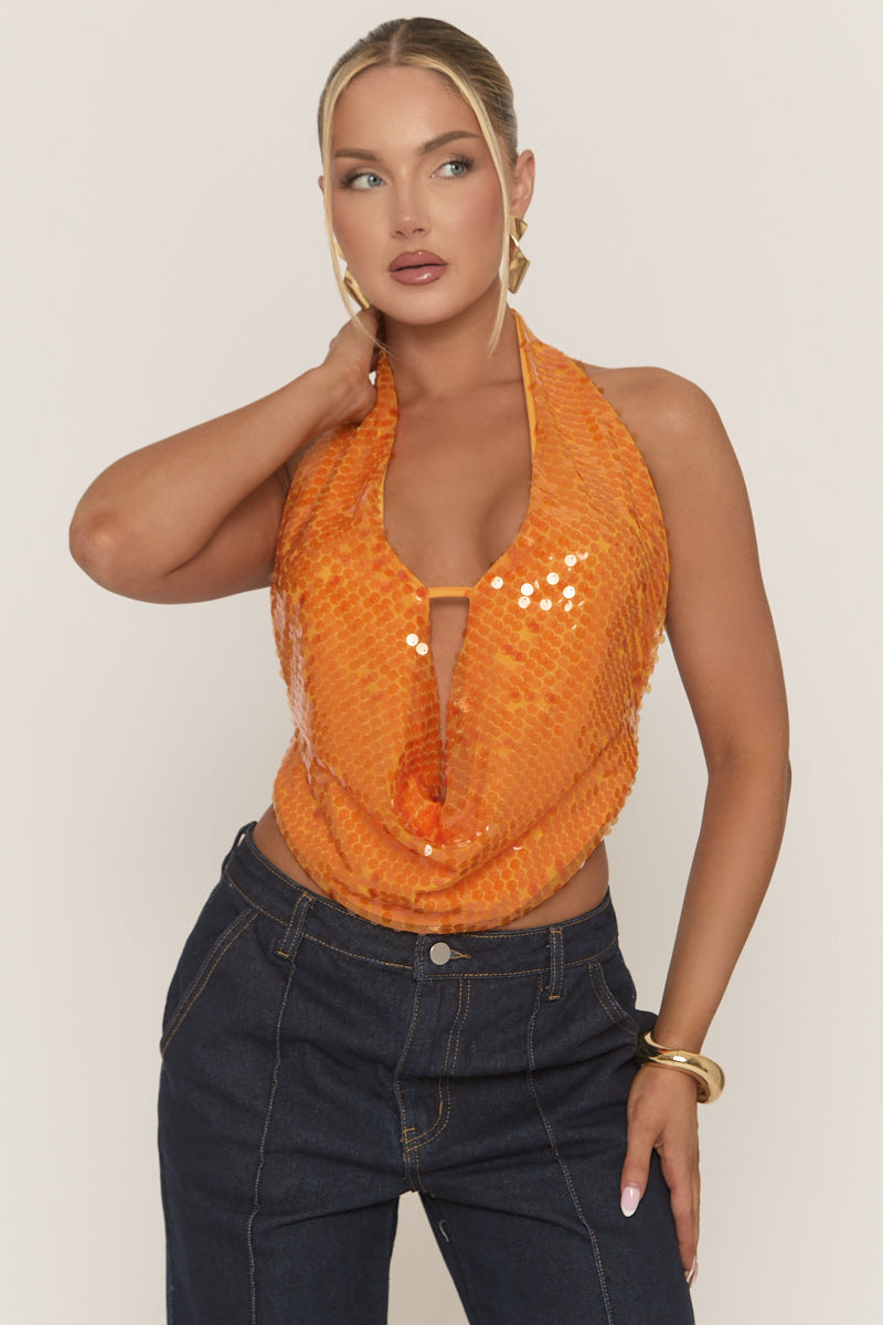 Orange Sequin Cowl Halter Top - Braidy