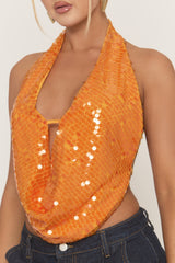 Orange Sequin Cowl Halter Top - Braidy
