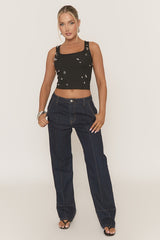 Black Rib Crystal Embellished Tank Top - Anastacia