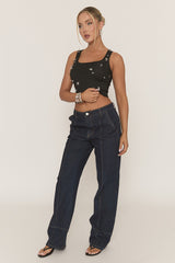 Black Rib Crystal Embellished Tank Top - Anastacia