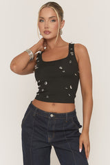 Black Rib Crystal Embellished Tank Top - Anastacia