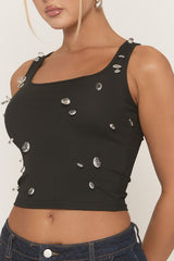 Black Rib Crystal Embellished Tank Top - Anastacia