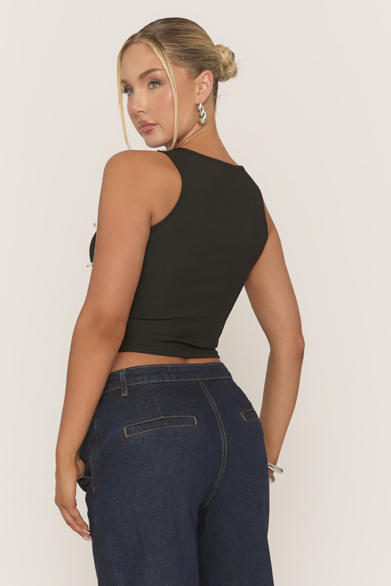 Black Rib Crystal Embellished Tank Top - Anastacia
