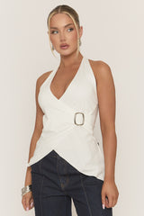 White Wrap Front Trim Detail Halterneck Top - Areena