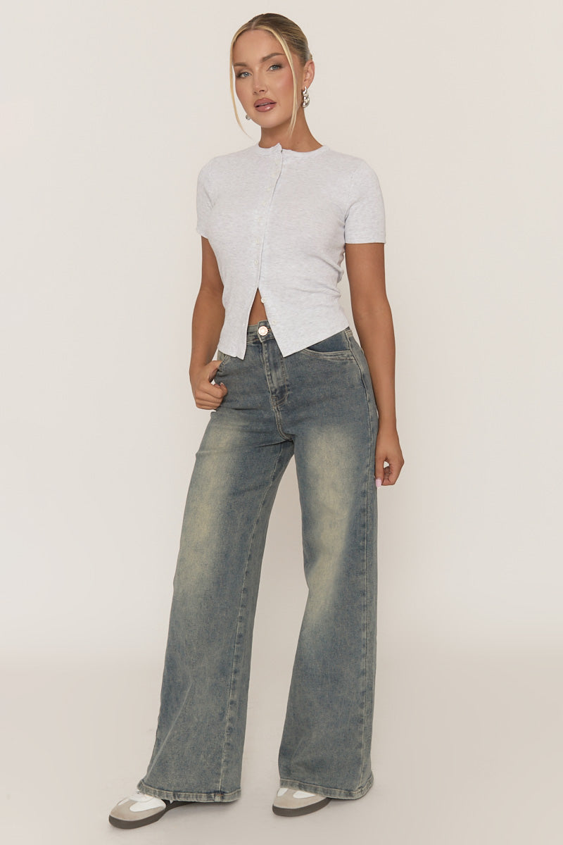 Grey Short Sleeve Button Front Rib Top - Rosheen
