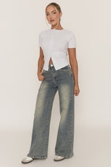 Grey Short Sleeve Button Front Rib Top - Rosheen