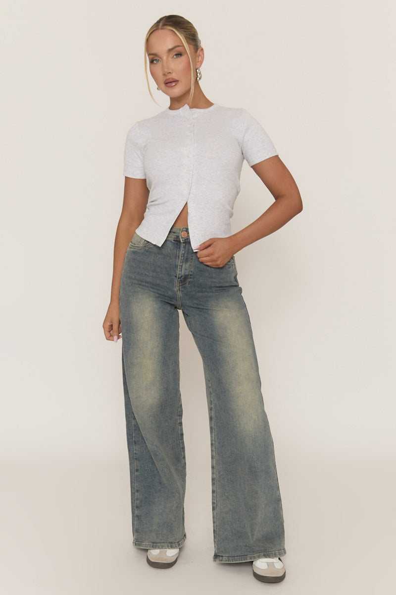 Grey Short Sleeve Button Front Rib Top - Rosheen