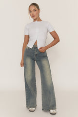 Grey Short Sleeve Button Front Rib Top - Rosheen