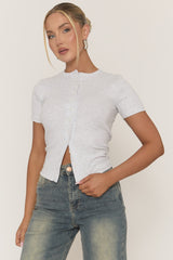 Grey Short Sleeve Button Front Rib Top - Rosheen