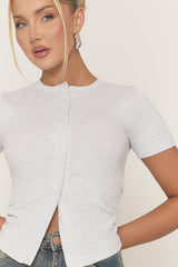 Grey Short Sleeve Button Front Rib Top - Rosheen