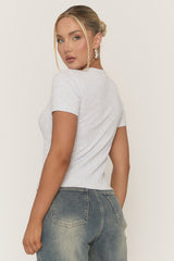 Grey Short Sleeve Button Front Rib Top - Rosheen