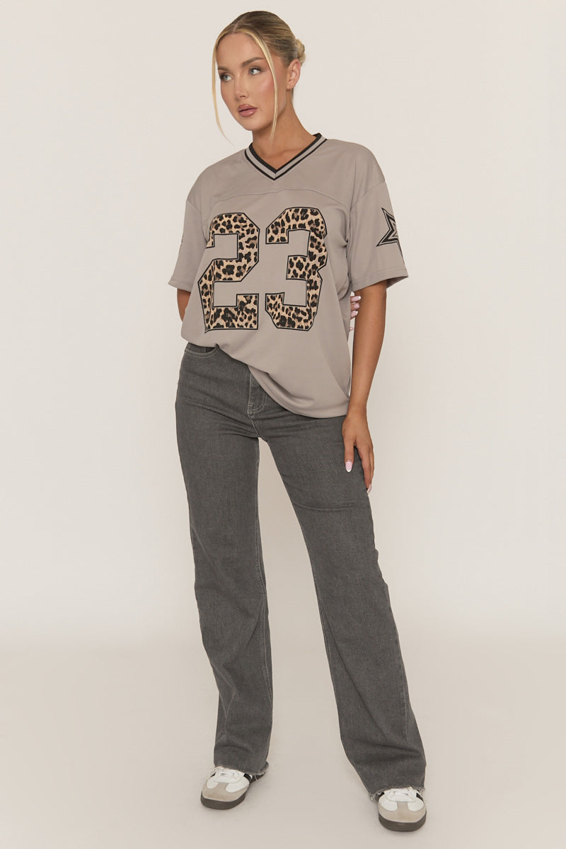 Grey Leopard Print Oversized Varsity Football T-Shirt - Arla
