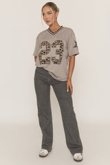 Grey Leopard Print Oversized Varsity Football T-Shirt - Arla