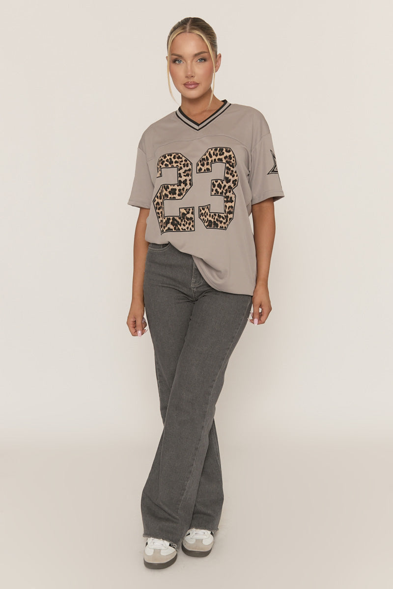 Grey Leopard Print Oversized Varsity Football T-Shirt - Arla