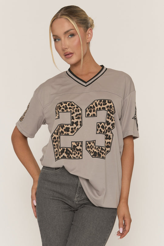 Grey Leopard Print Oversized Varsity Football T-Shirt - Arla