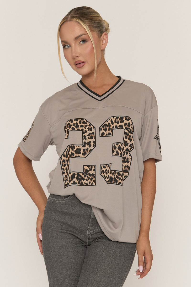 Grey Leopard Print Oversized Varsity Football T-Shirt - Arla