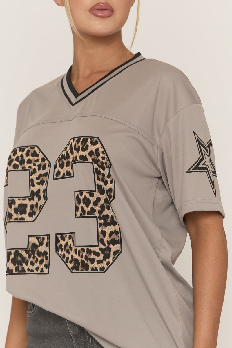 Grey Leopard Print Oversized Varsity Football T-Shirt - Arla