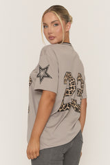 Grey Leopard Print Oversized Varsity Football T-Shirt - Arla