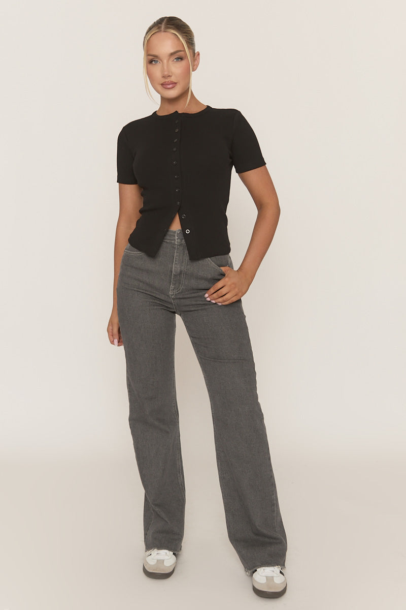 Black Short Sleeve Button Front Rib Top - Rosheen