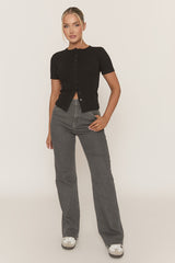 Black Short Sleeve Button Front Rib Top - Rosheen