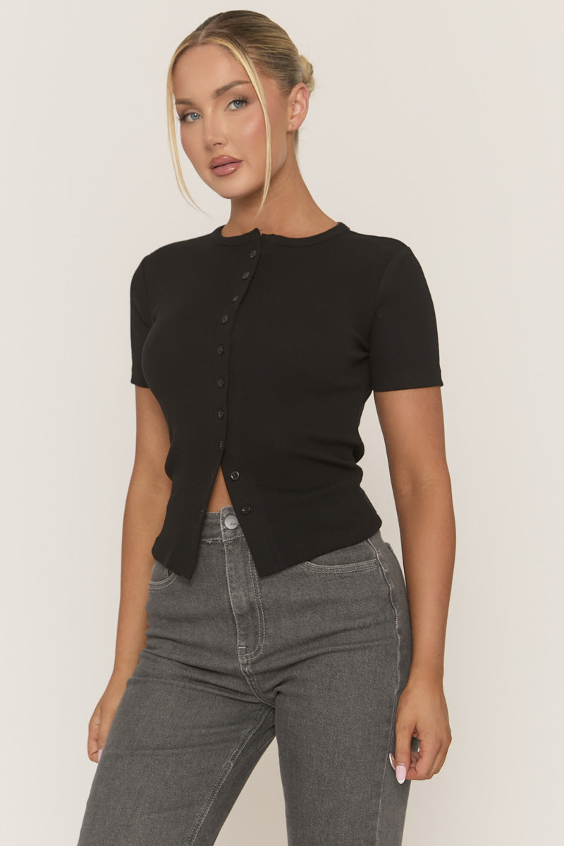 Black Short Sleeve Button Front Rib Top - Rosheen