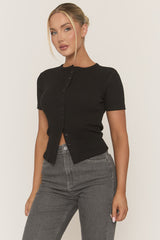 Black Short Sleeve Button Front Rib Top - Rosheen
