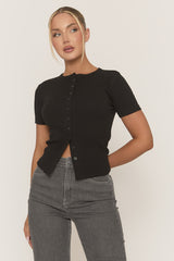 Black Short Sleeve Button Front Rib Top - Rosheen